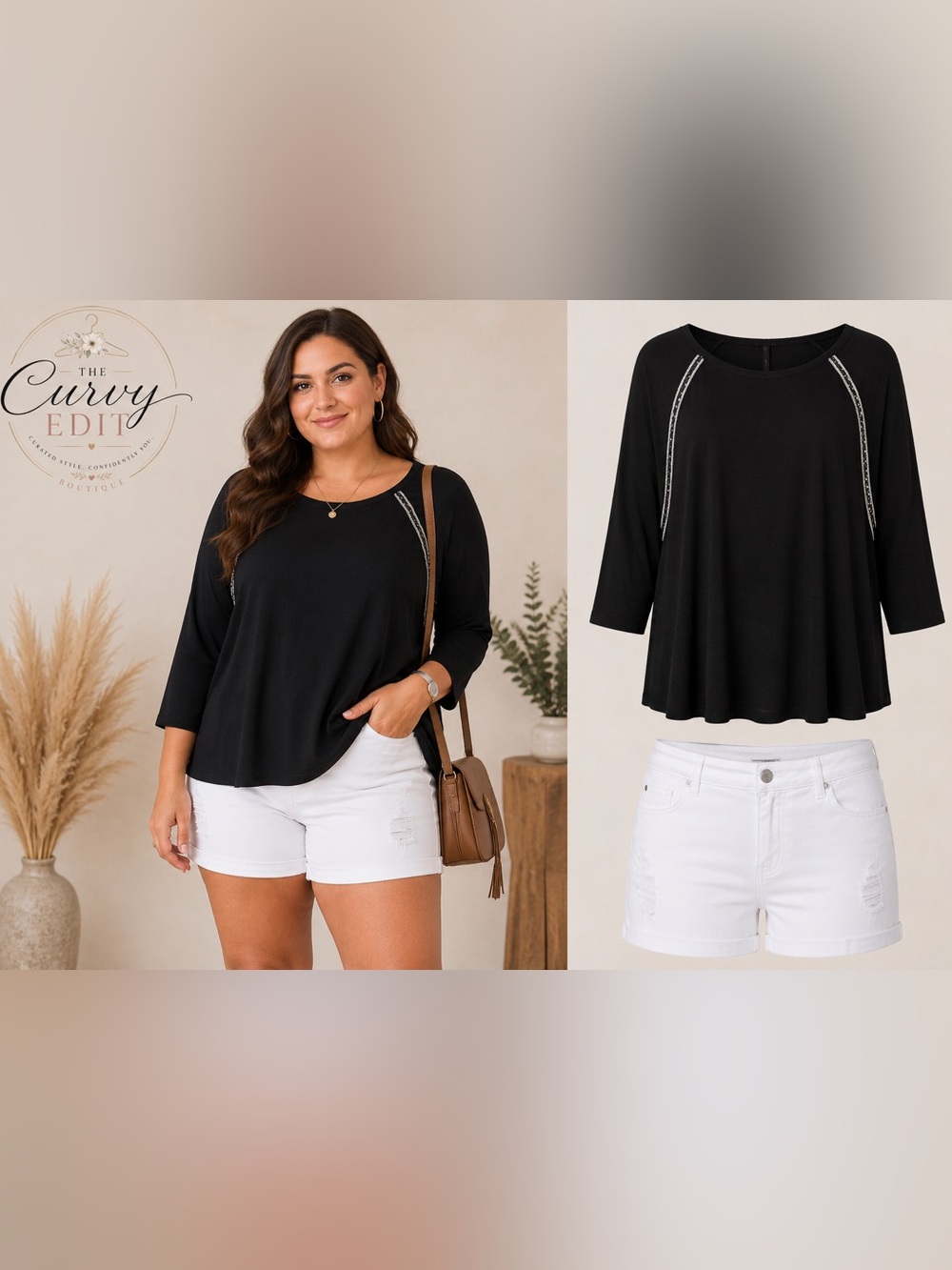 REBEL by Rebel Wilson 3X Black Embellished Shoulder Top Plus Size Stretch Knit